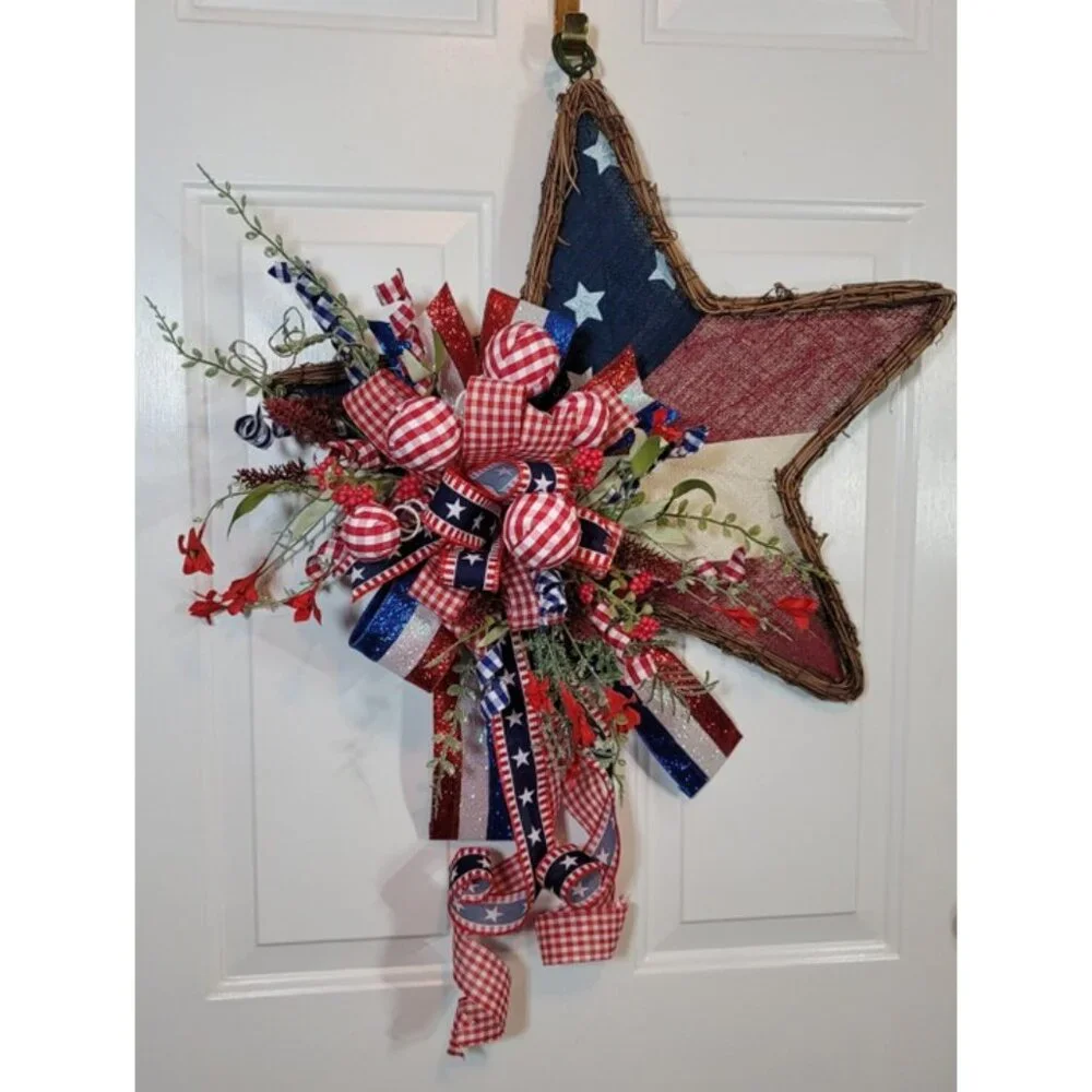 Stars / Stripes Wreath, Red White Blue Burlap Star 4th July Wreath, Hand Crafted
